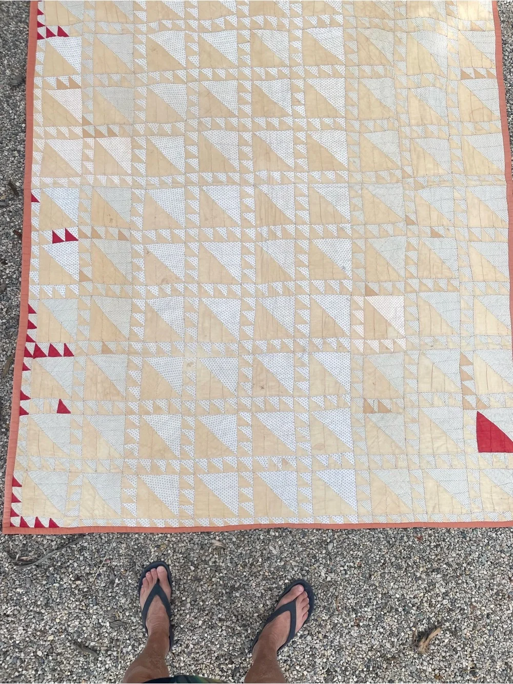Beige and Red Triangle Patchwork Quilt - Classic Handmade Design